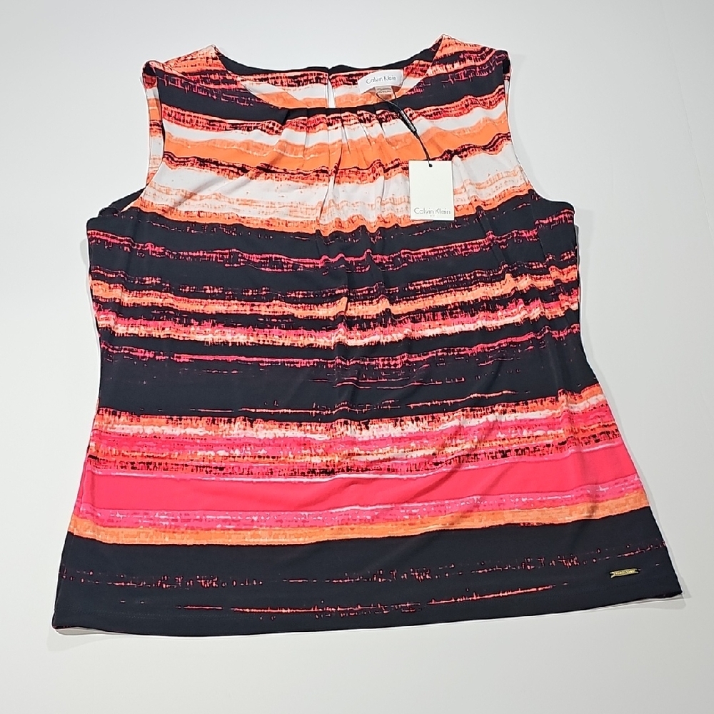 Calvin Klein Women Colorful Pleated Neck Sleeveless Stretch Keyhole Top Sz XL